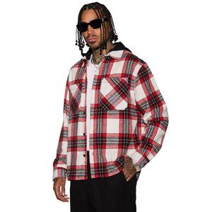 Stacking Hooded Flannel Shacket Jacket Red Black Flannel Men's